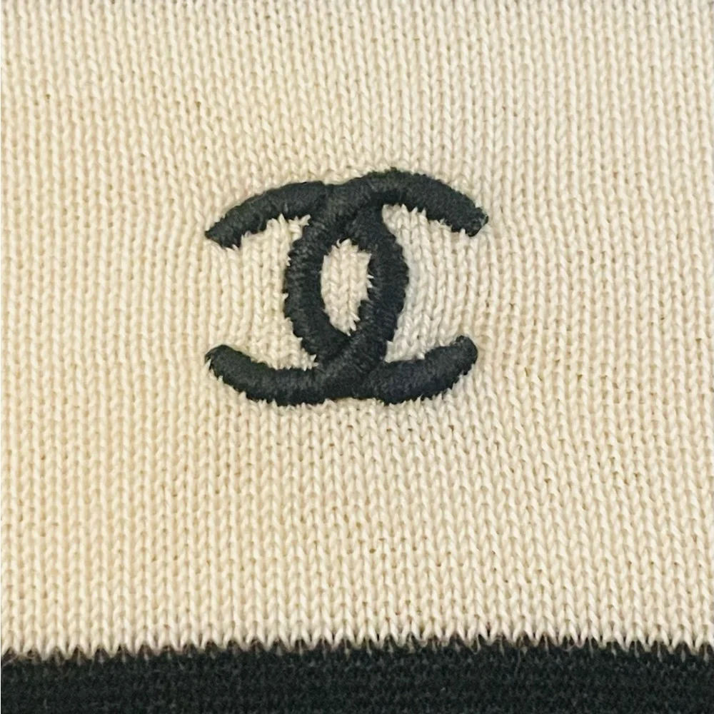Chanel Classic VTG Black Ivory Stripe COTTON Sweater Size EU 44